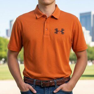Under‎ Armour Polo Shirt Men’s Large Orange Hunting Big Rack Logo Camo HeatGear